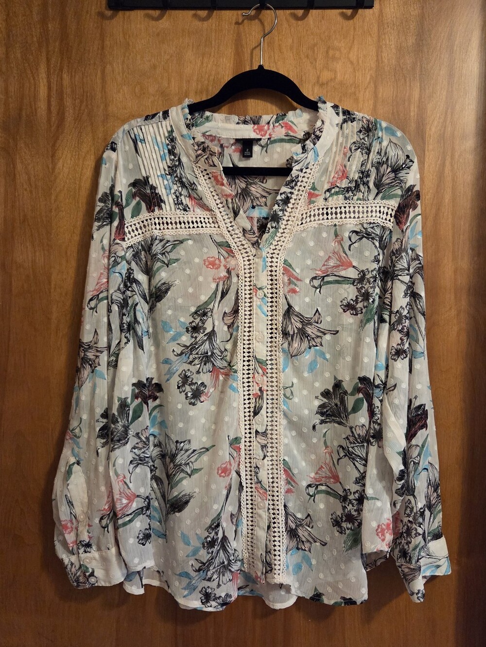 TORRID Cream Multicolor Floral Crochet-Trim Long Sleeve Sheer Blouse Size 2xl
